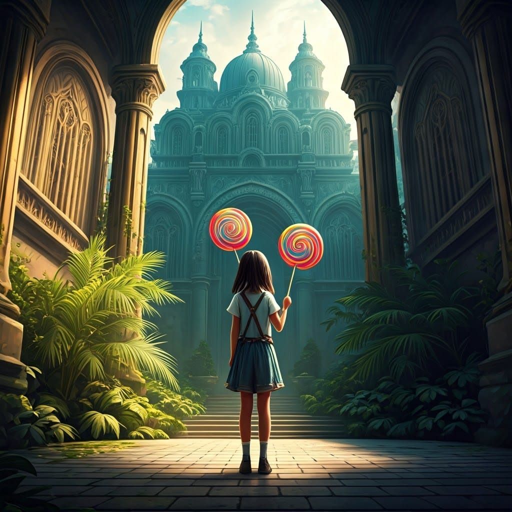 Dreamlike Girl with Whimsical Lollipop in Enchanted Architec...