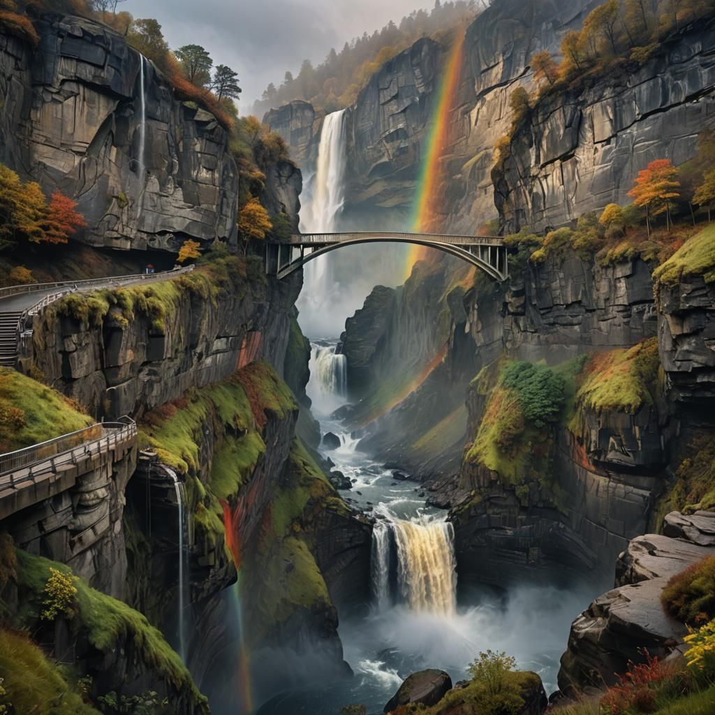 Majestic Rainbow Bridge Over Misty Gorge