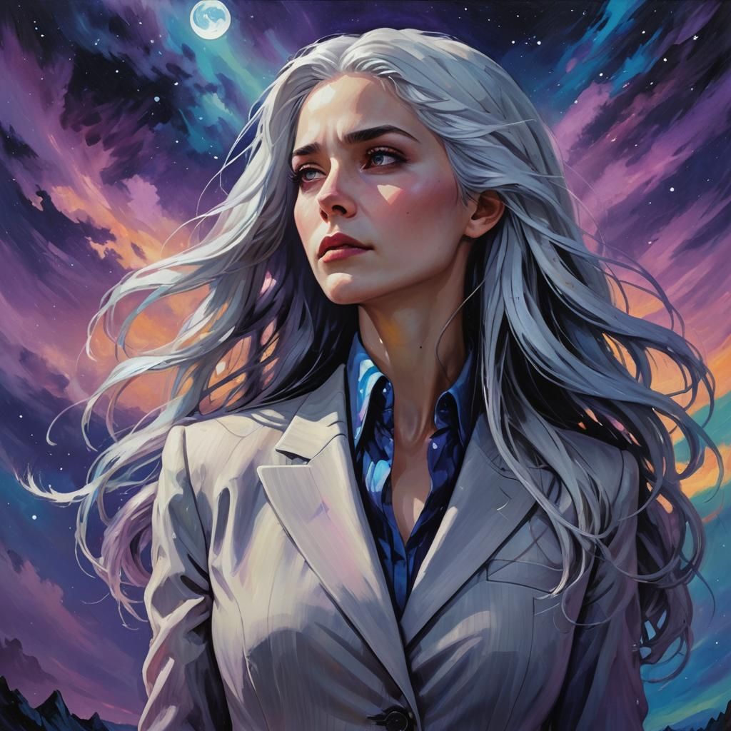 Woman Gazing at Aurora Borealis in Oil Painting