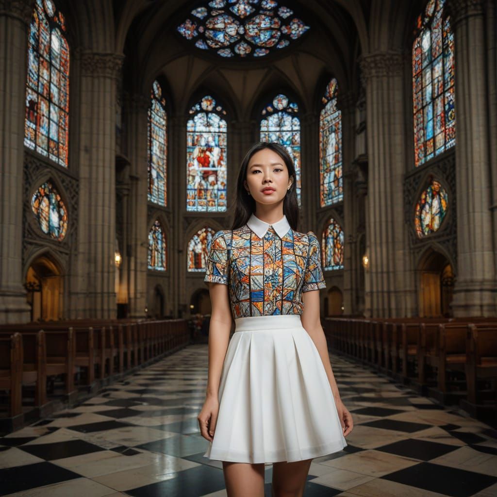Korean Woman in Cathedral: Vibrant Travel Portrait