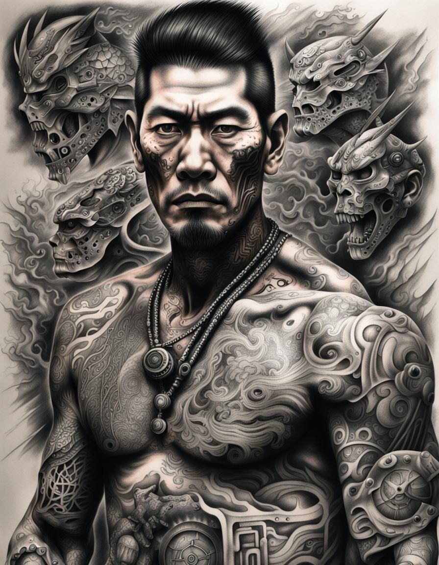Cyborg Yakuza: Hyperdetailed Charcoal Tattoo Art
