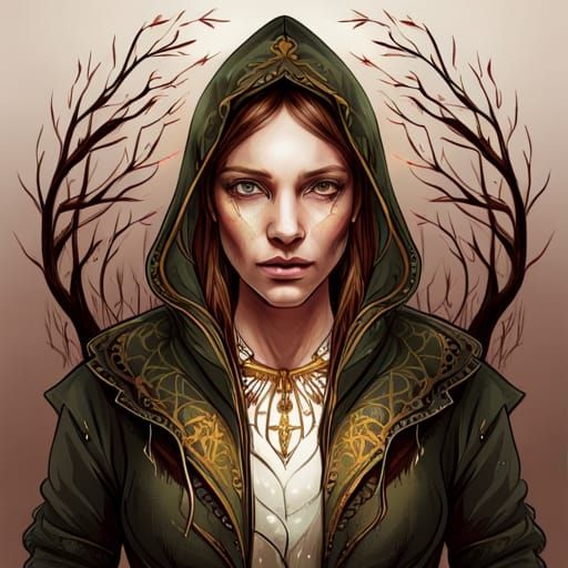 Girl in Enchanted Forest with Golden Outlines