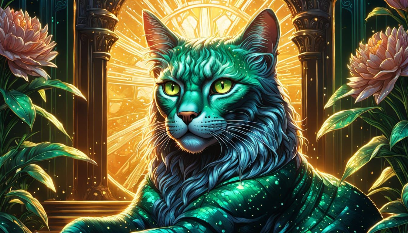 Majestic Feline Queen in Vibrant Comic Book Style