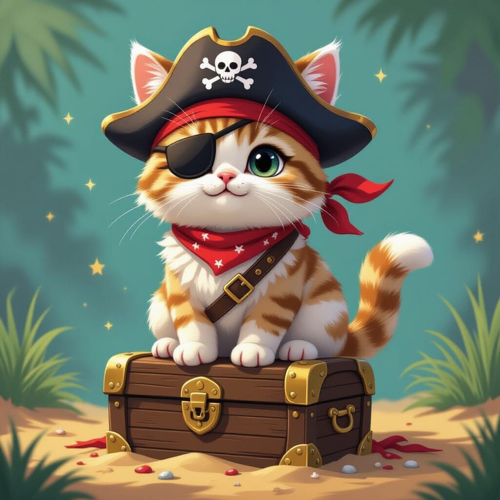 Cute Pirate Cat on Treasure Chest, Miyazaki-esque Style