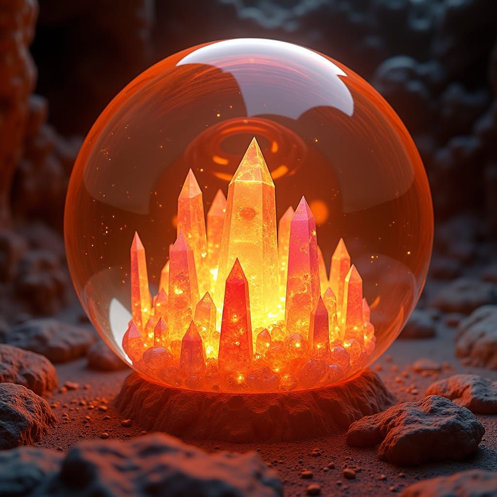 Luminous Crystals in Ethereal Orb: Digital Art