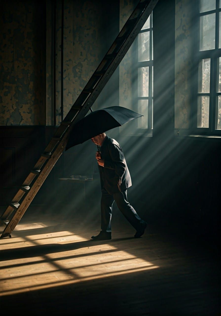 Superstitious Man Opens Umbrella Indoors: Oil Painting