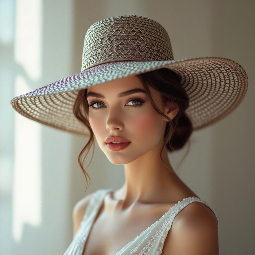 Elegant Woman in Intricate Wire Hat: 4D Hyperrealistic Rende...