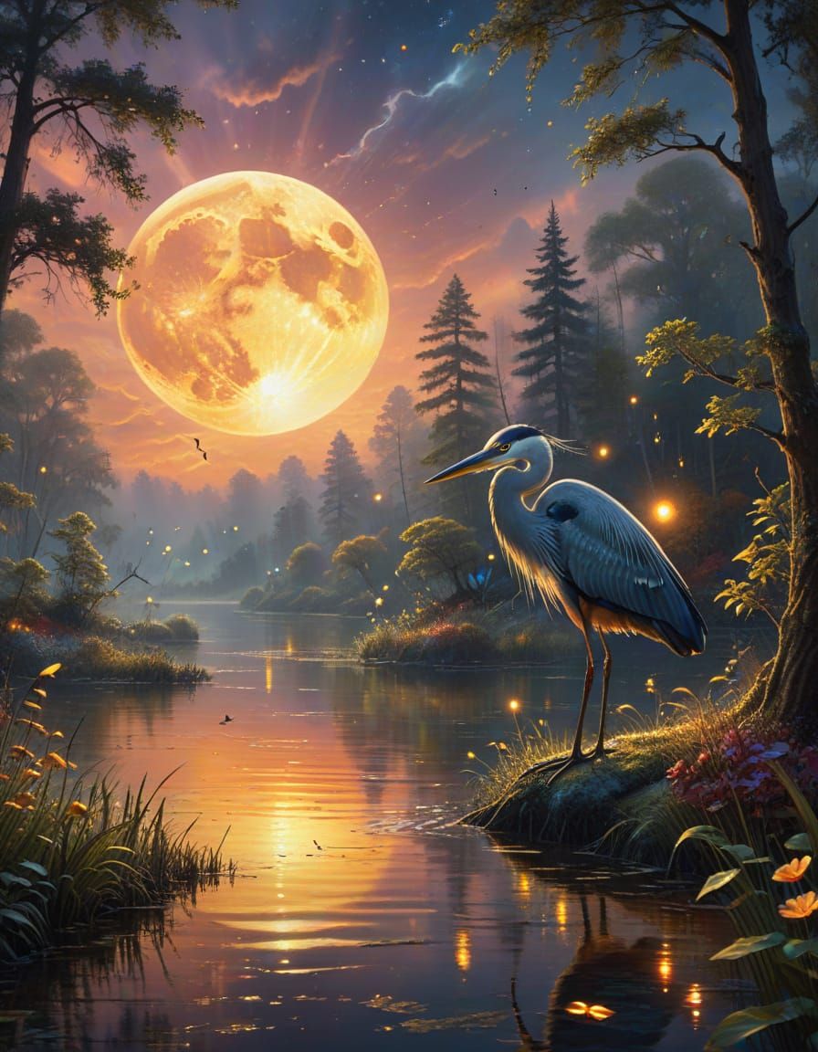 Golden Moon and Heron in Ethereal Oil Painting