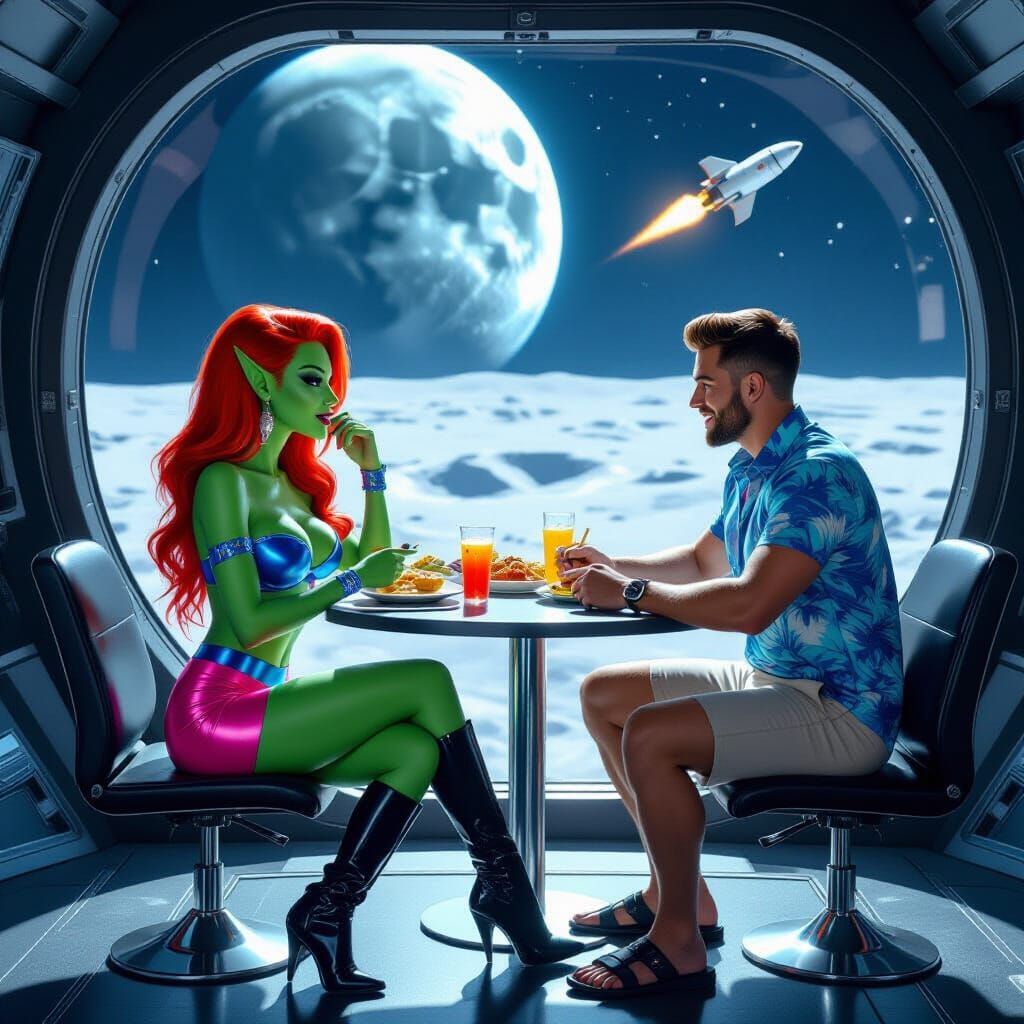 Alien Woman with Red Hair in Lunar Base