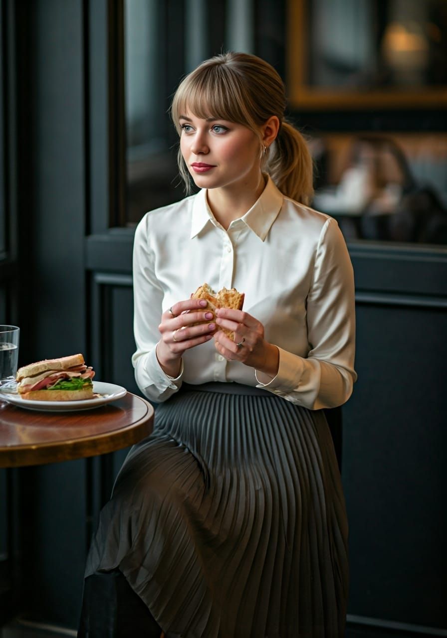 Realistic Photo of a Woman Eating in Cafe