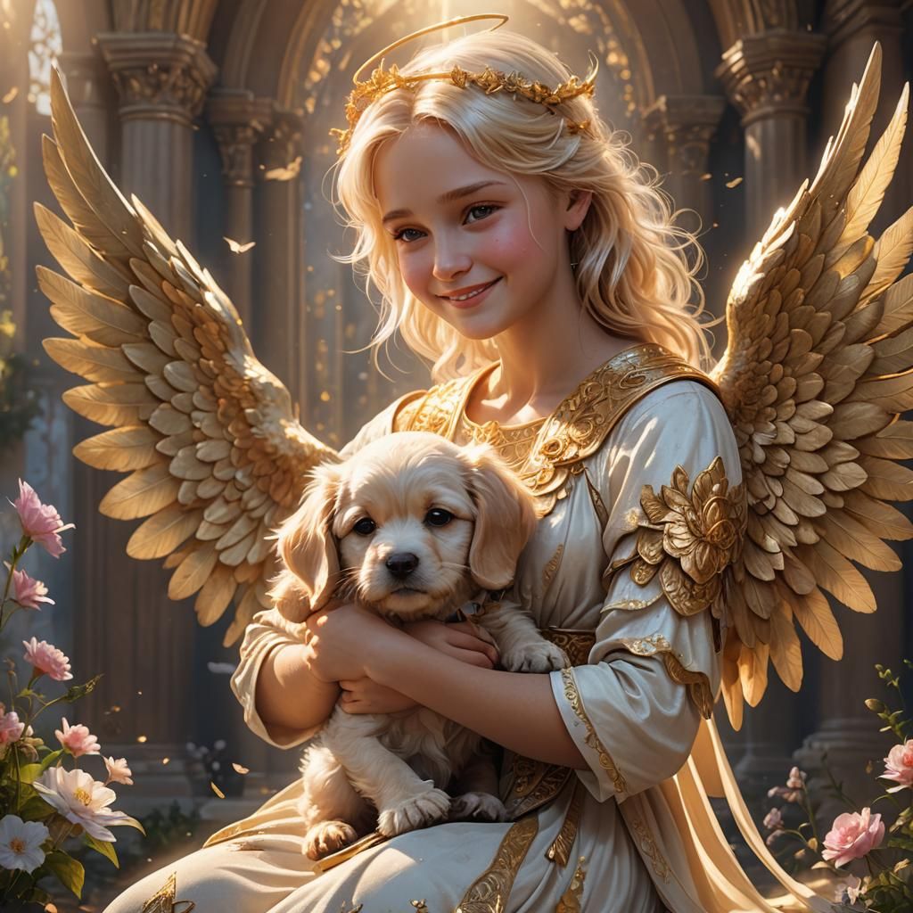 Angel with Golden Wings Embraces Puppy