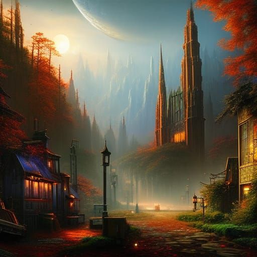 Gothic Post-Apocalyptic City Under Giant Moon