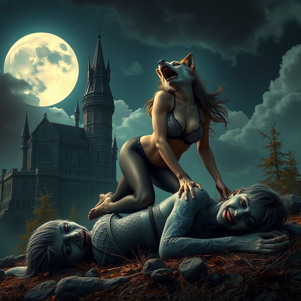 Werewolf Woman Howling at Moonlit Castle