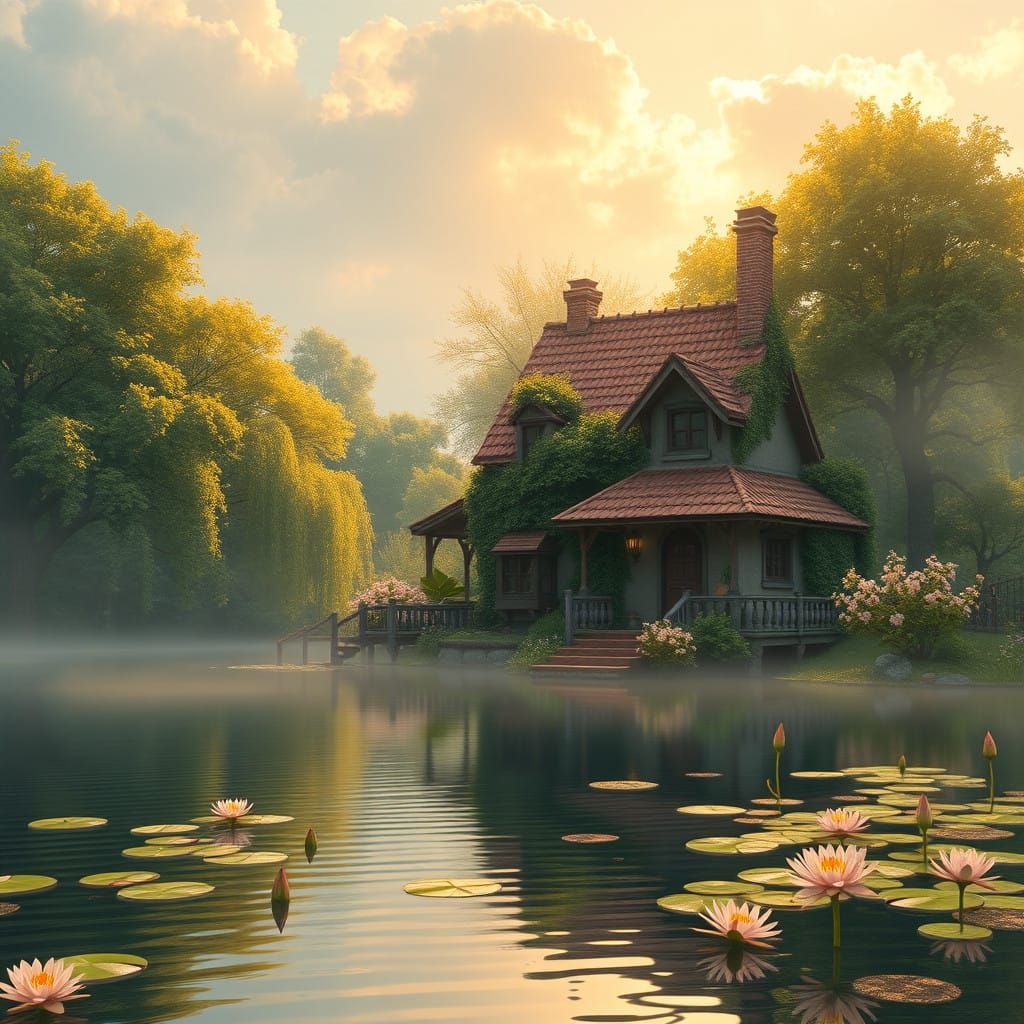 Whimsical Cottage Amidst Misty Lake