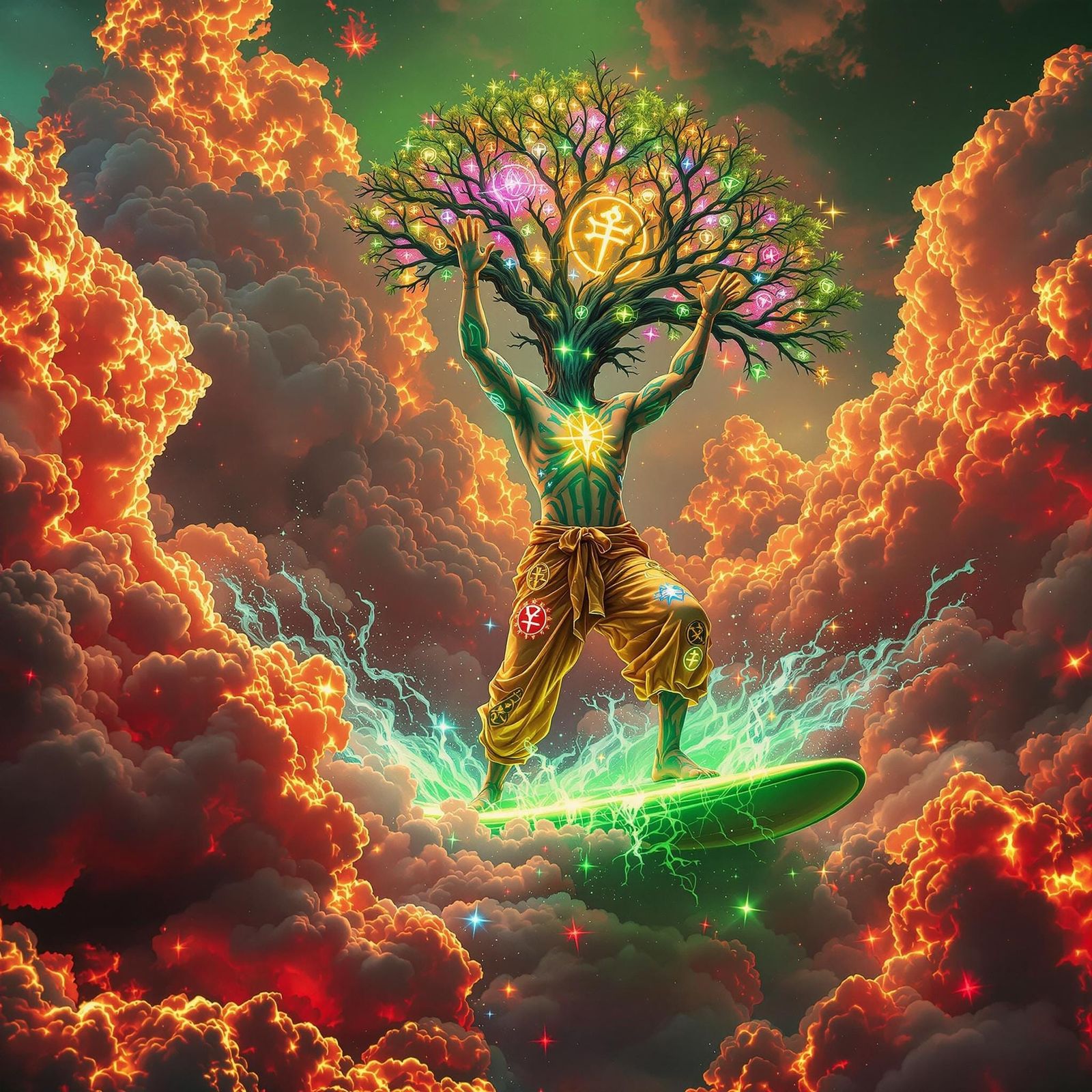 Humanoid Chuck E. Cheese Figures in Psychedelic Scene