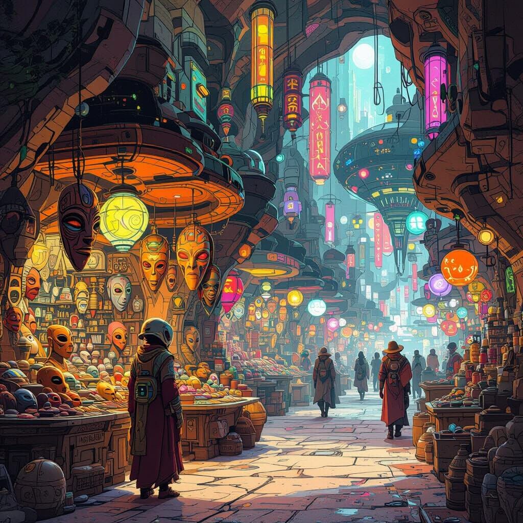 Alien Marketplace with Organic Architecture and Exotic Goods