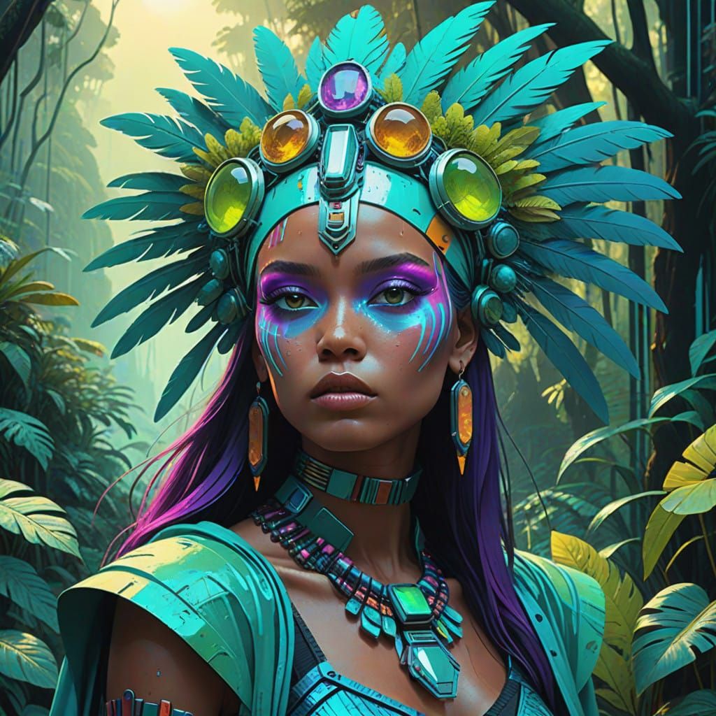 Amazonian Gemstone Tribe Member in Vibrant Headdress, Emeral...