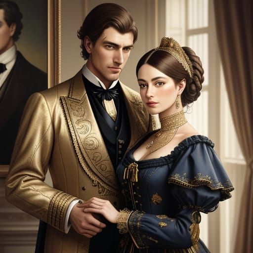 Elegant Victorian Couple Portrait in Oil Painting Style