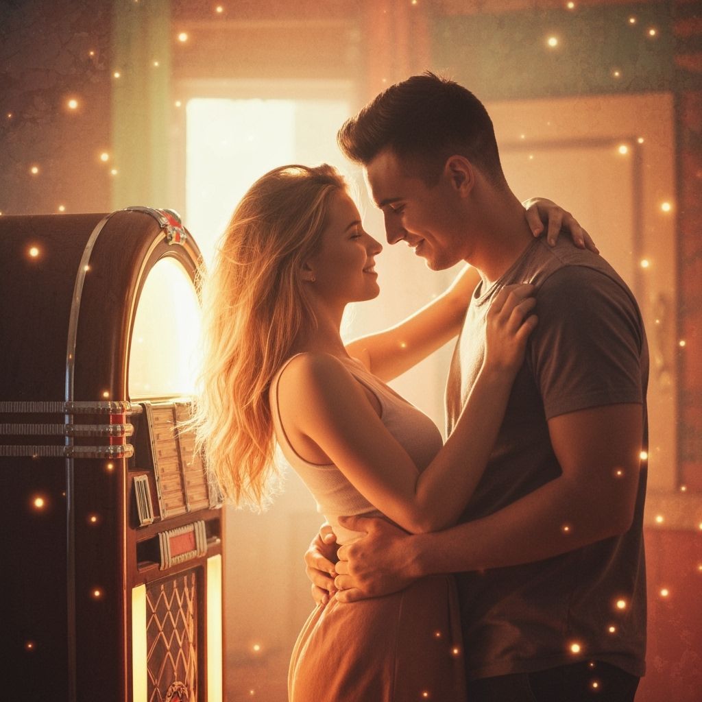 Couple Dancing by Jukebox in Romantic Lighting