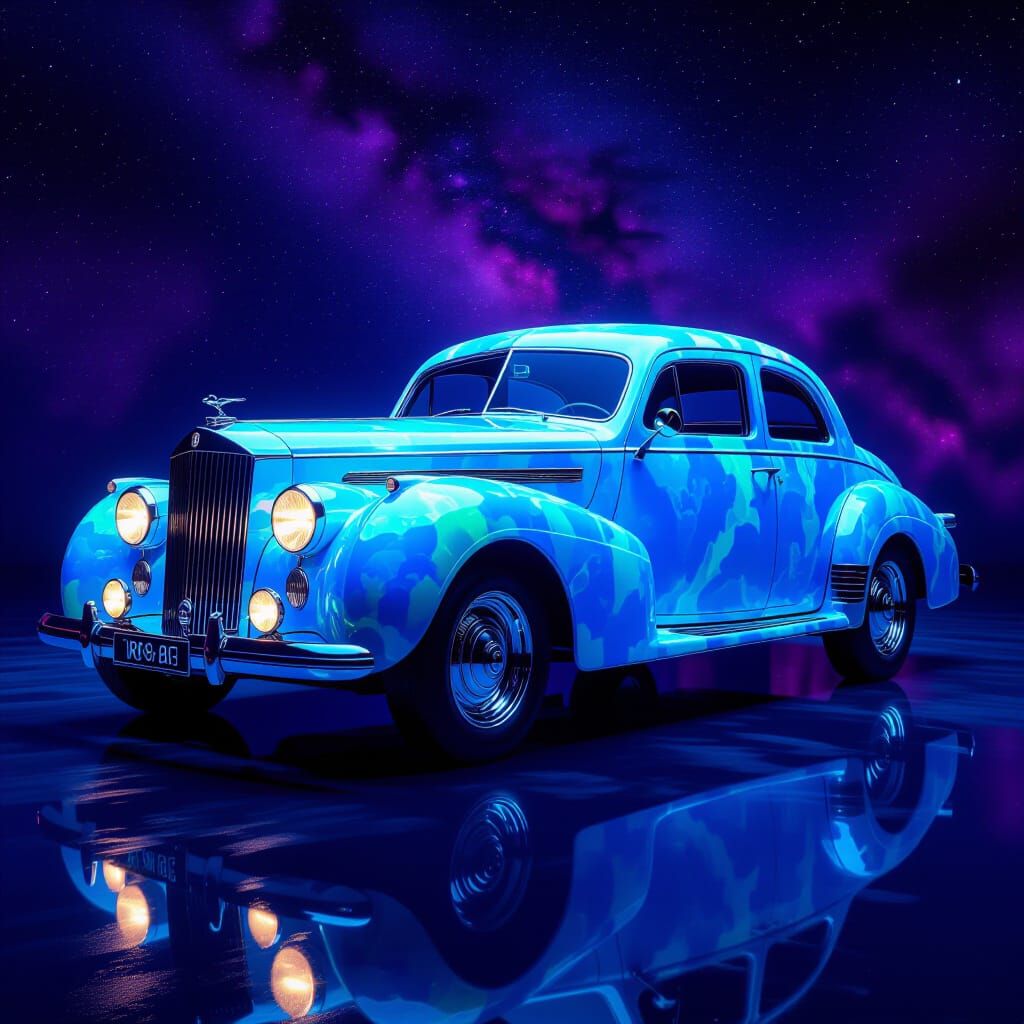 Hyperrealistic Opal Car in Cosmic Setting