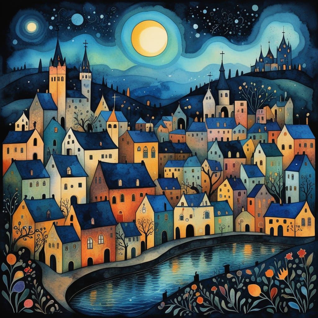 Medieval City at Dusk in Dark Folk Art Style