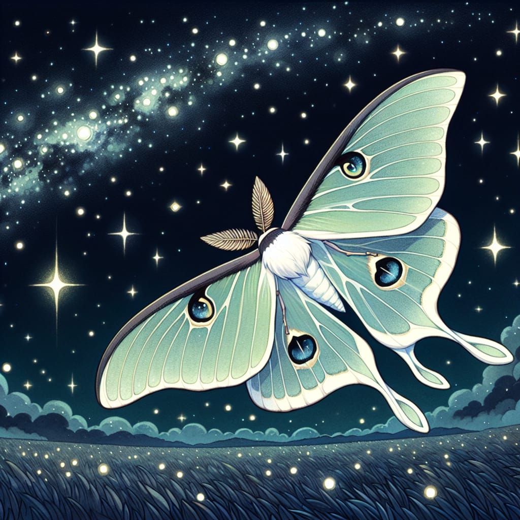 Chibi Luna Moth Soaring Through Starry Night