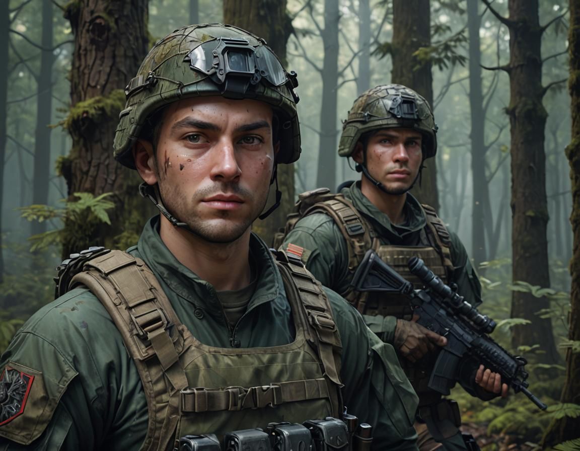 Military Soldiers in Dark Forest: Digital Fantasy Portrait