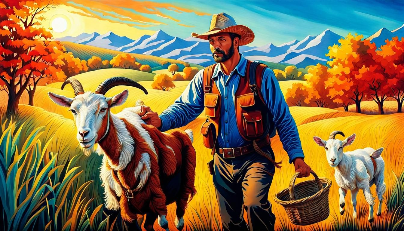 Farmer with Goat: Vibrant Digital Illustration