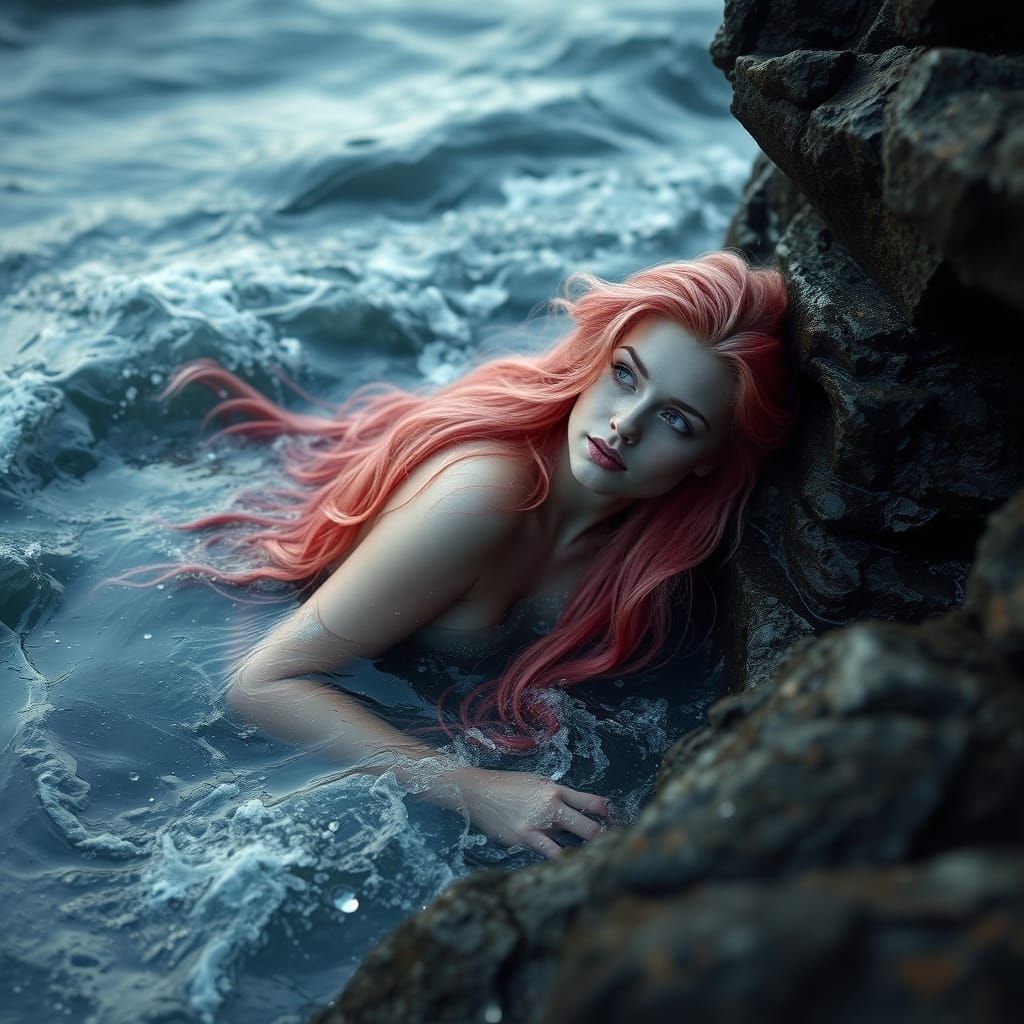 Mythical Mermaid Witch in Stormy Ocean Waters