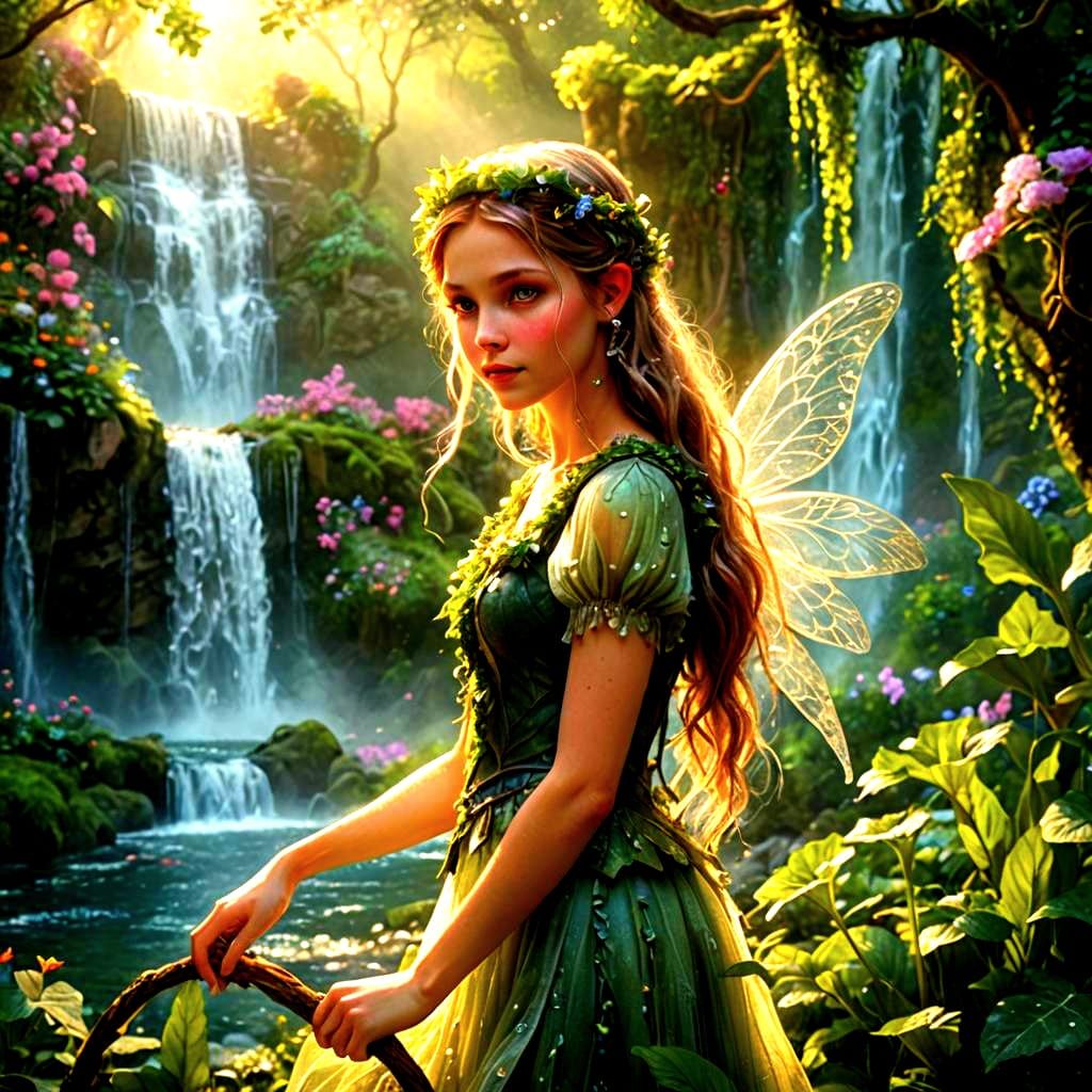 Fairies by Waterfall in Ethereal Fantasy Style