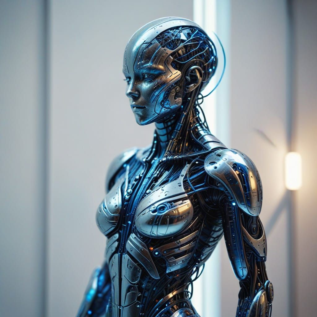 Futuristic Humanoid Figure in Minimalist White Room