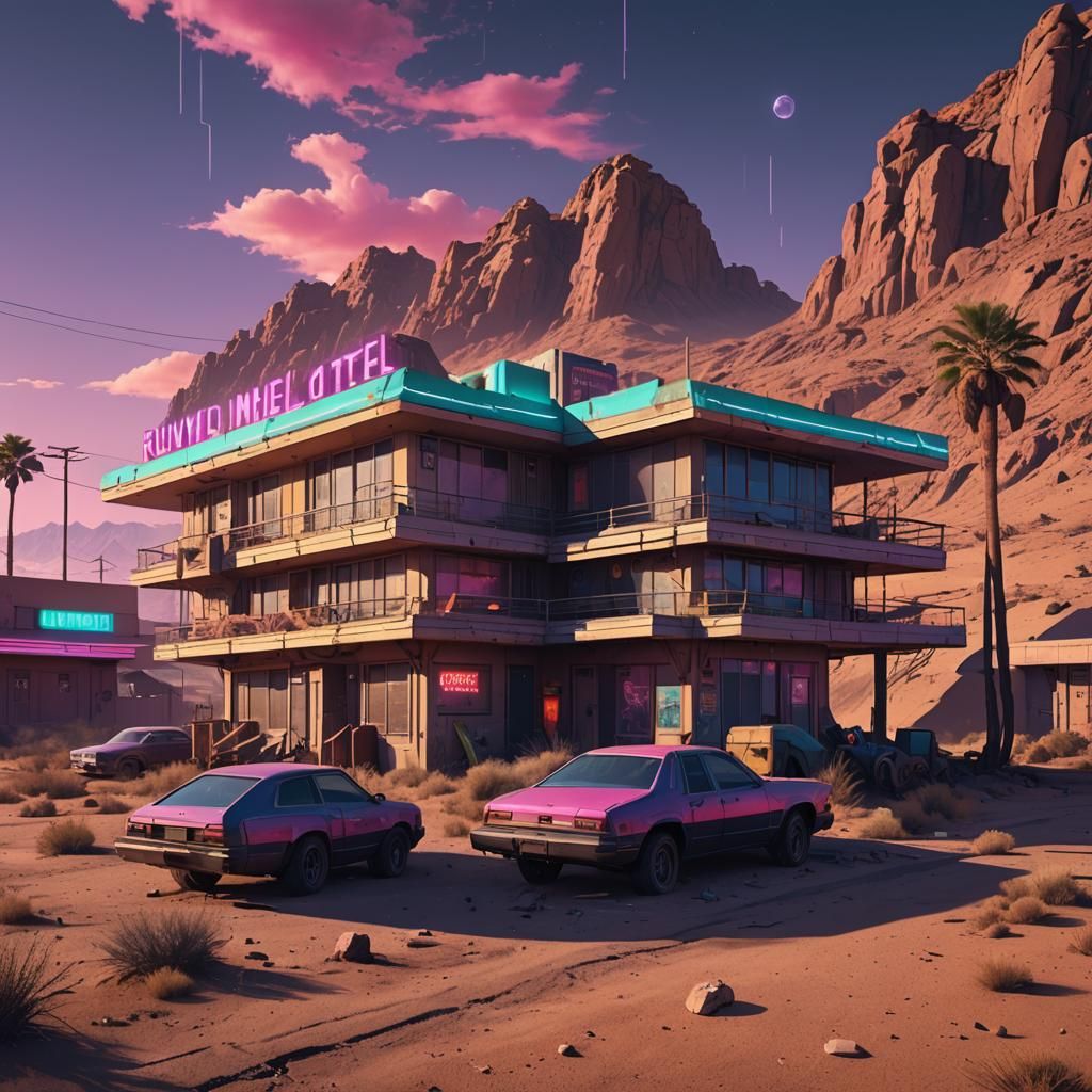 Cyberpunk Desert Motel in Synthwave Tones