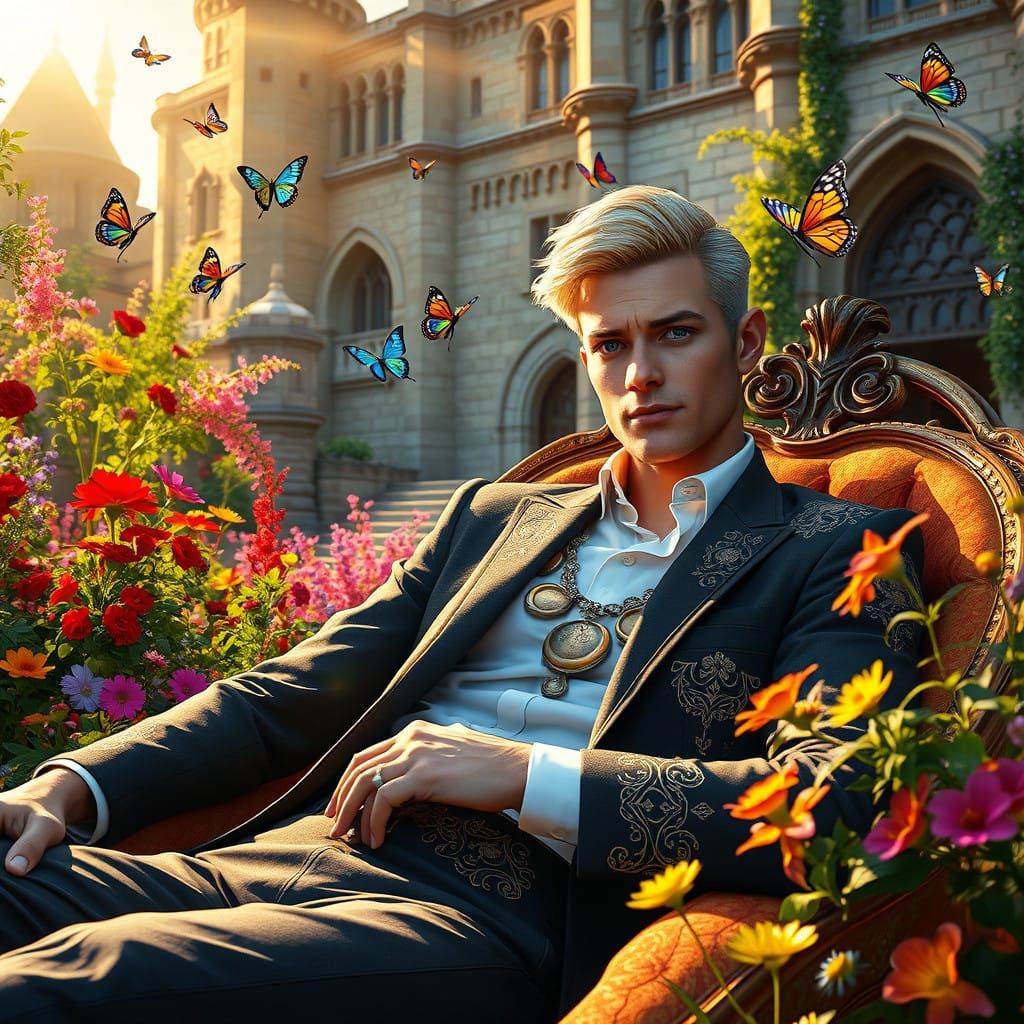 Handsome Blonde Man in Majestic Castle Garden