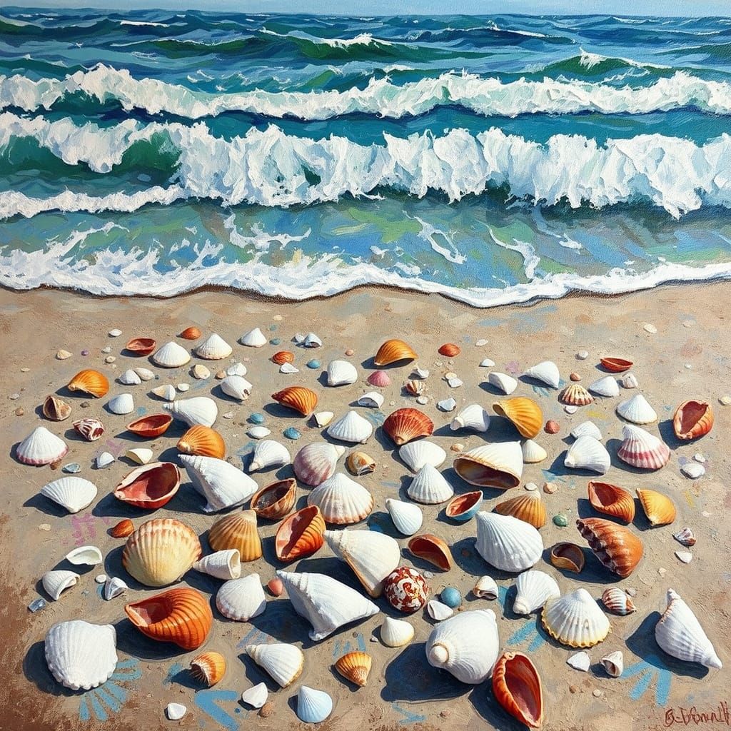 Seashells on Beach in Neo-Impressionist Style