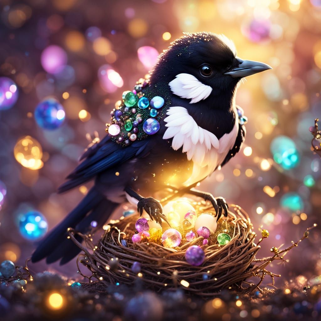 Chibi Magpie in a Glittering Jewel Nest