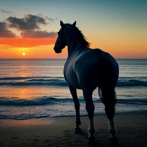 Horse Watches Sunset Over the Sea