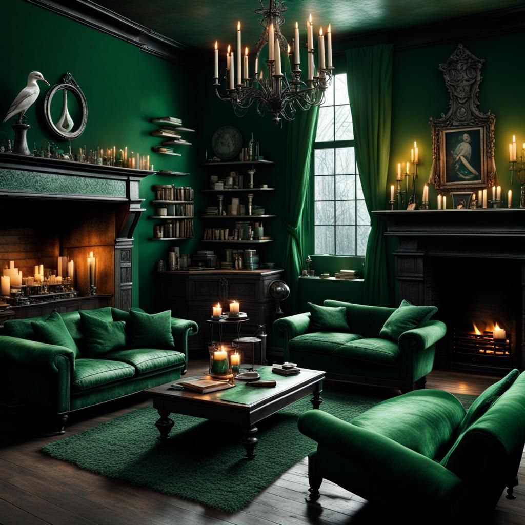 Slytherin Common Room with Fireplace and Candles