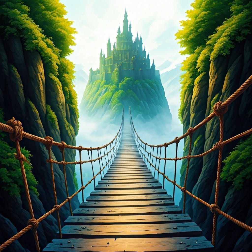 Rugged Rope Bridge Suspends Over Raging River to Majestic Ca...