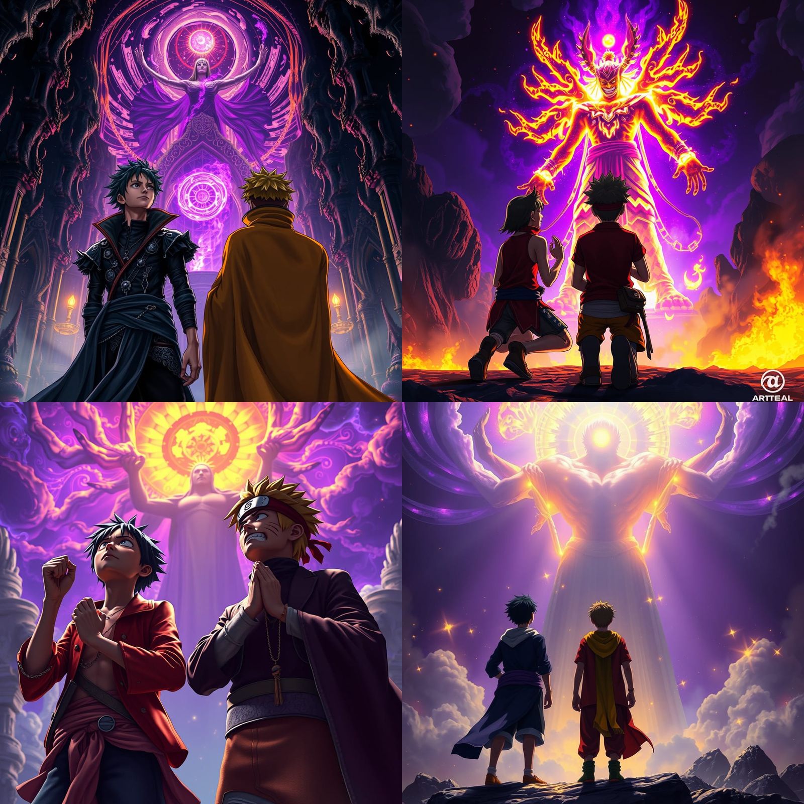 Luffy and Naruto Worshiping God: Dark Fantasy Art