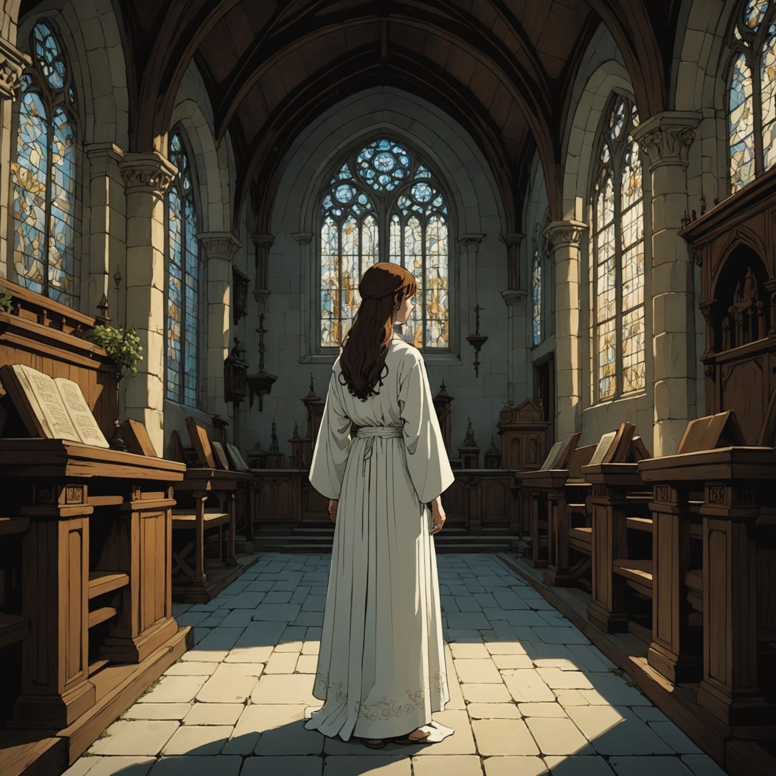 Girl in White Robes in Chapel: Chiaroscuro Fantasy
