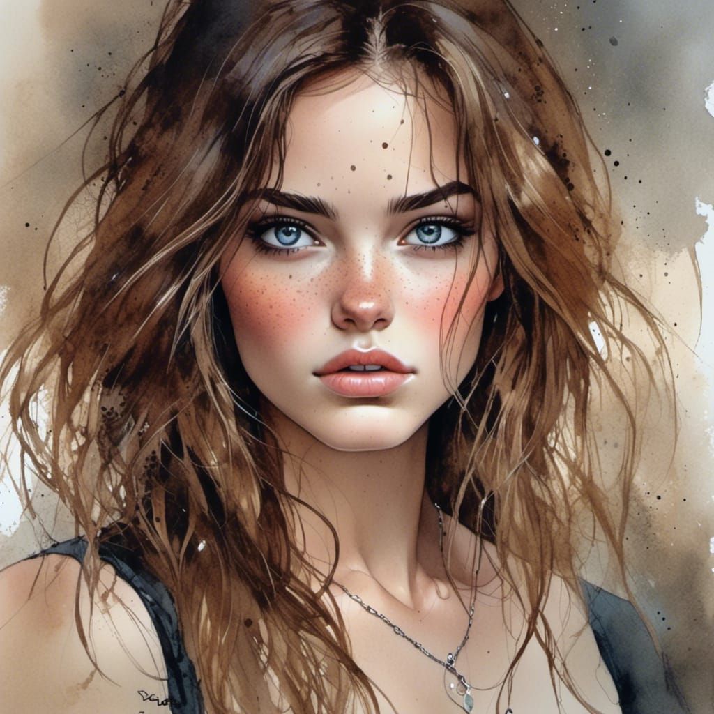 Gorgeous Brunette Portrait in Watercolor Style