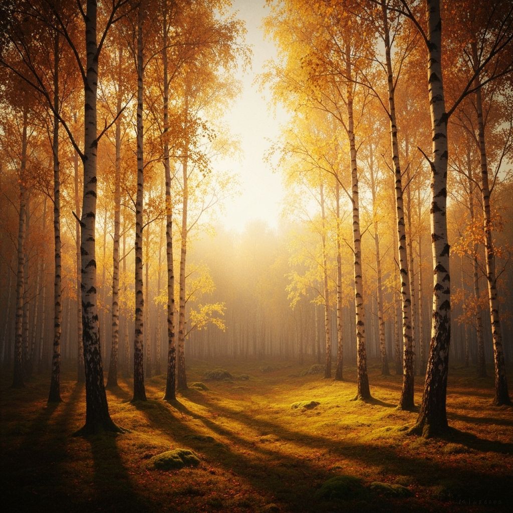 Serene Autumn Birch Forest With Dappled Sunlight