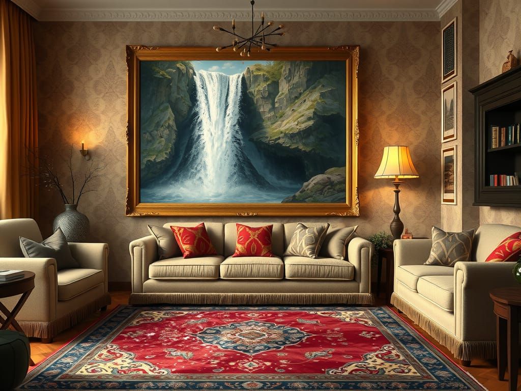 Cozy Living Room Transcends Reality with Surreal Waterfall S...