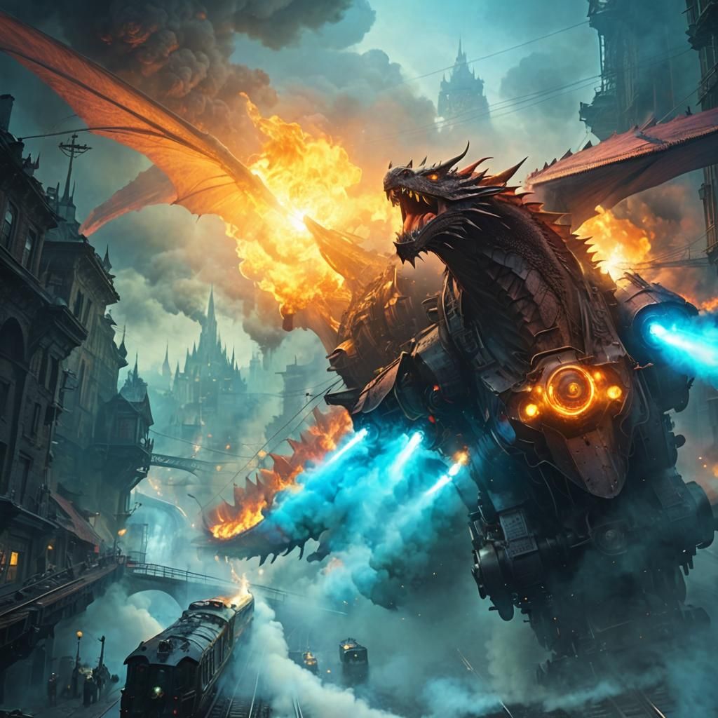 Dragon Escorting Steam Train in Dark Fantasy Town