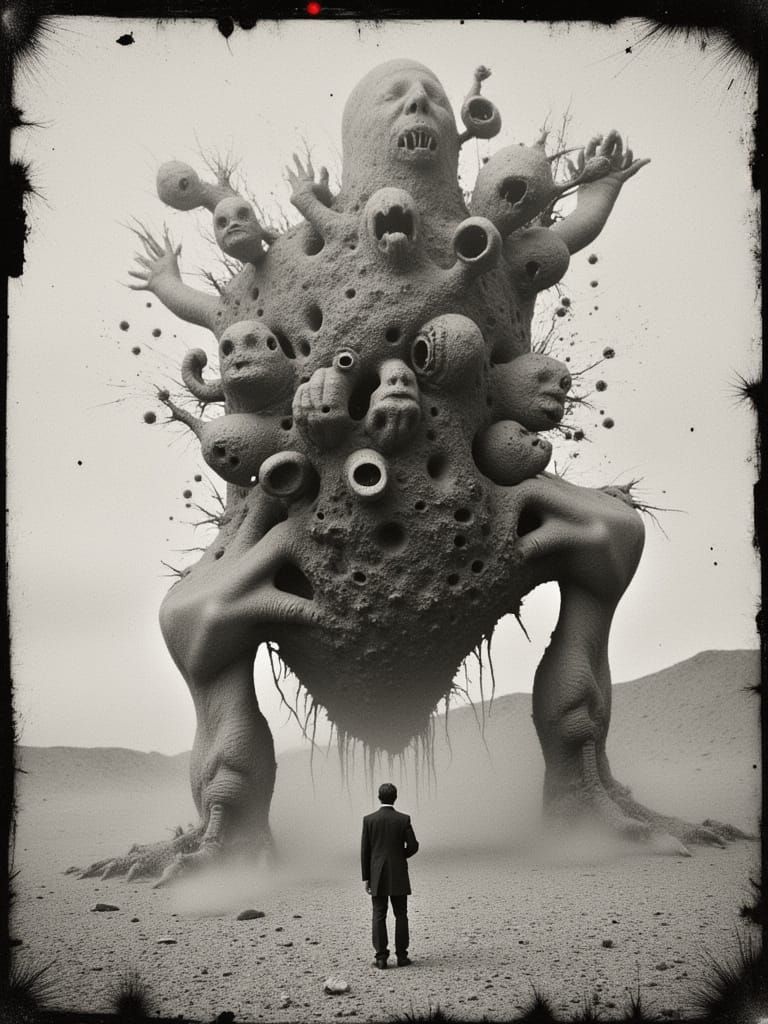 Giant Cracked Mechanical Man in Desolate City