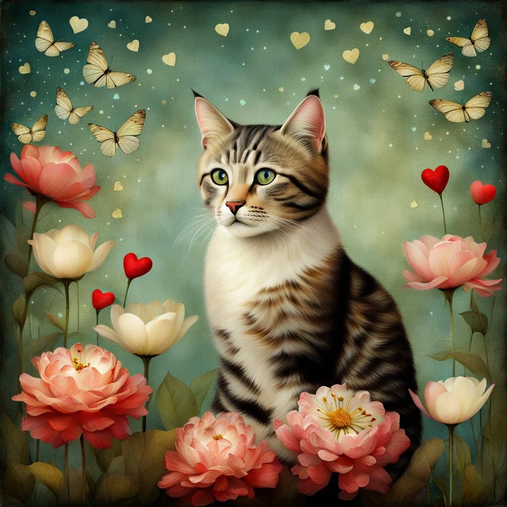 Whimsical Cat Surrounded by Flowers in Digital Collage