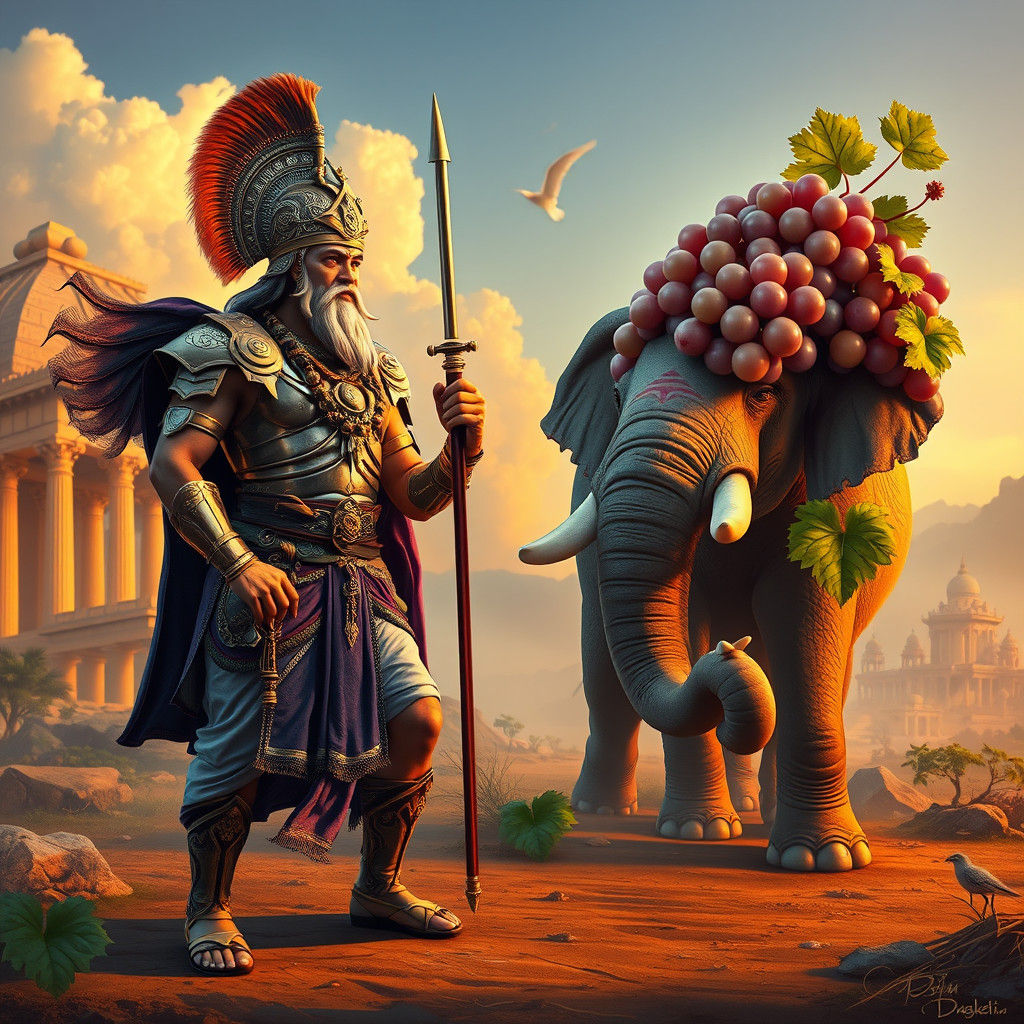 King Purushottam vs. Alexander the Grape in Surreal Style