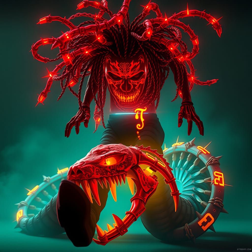 Cyberpunk Deity Levitates Above Glowing Serpent in Hyper-Dim...