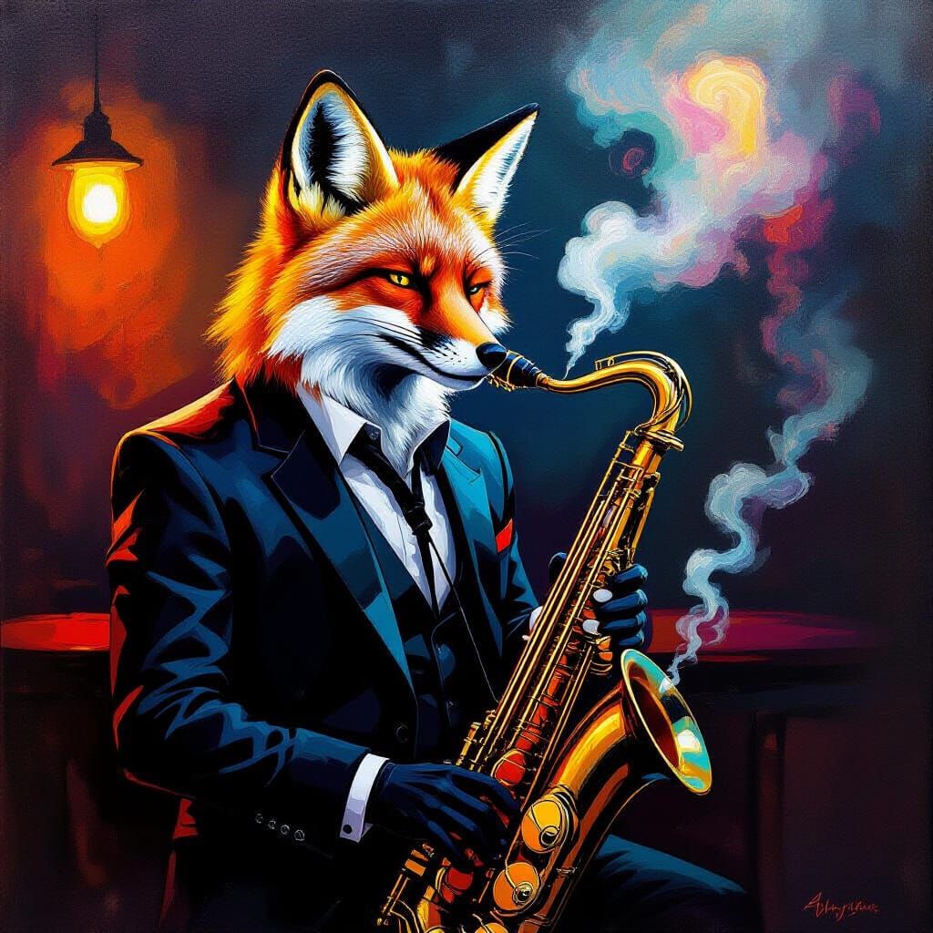 Smoky Fox Plays Saxophone in Psychedelic Jazz Club