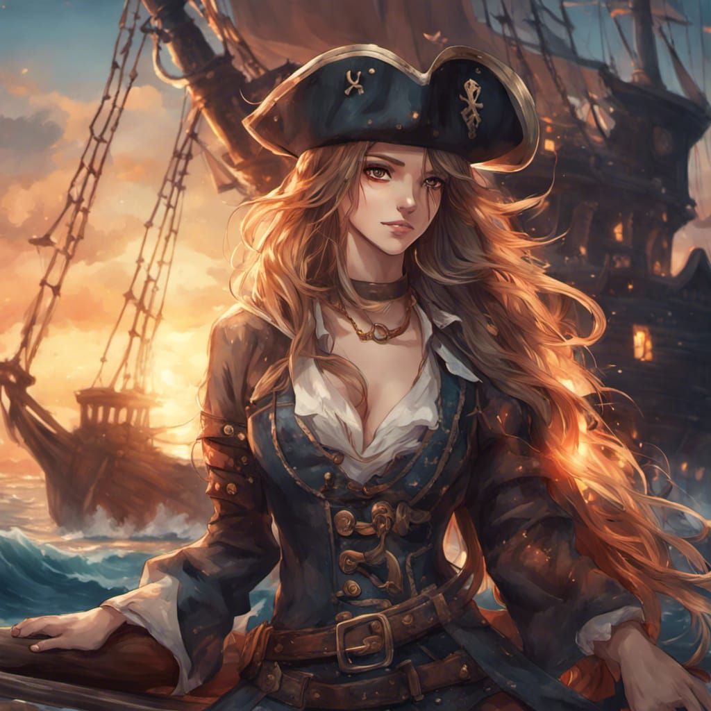 Anime Portrait of Pirate Woman Amidst Burning Ship